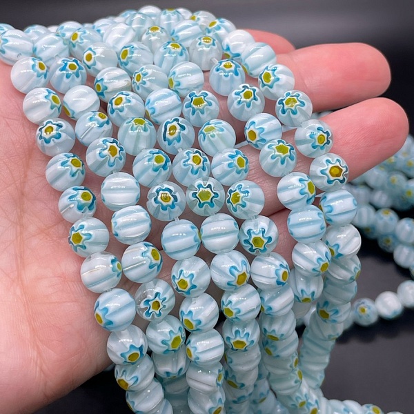 Муранское стекло голубое цветы  8мм