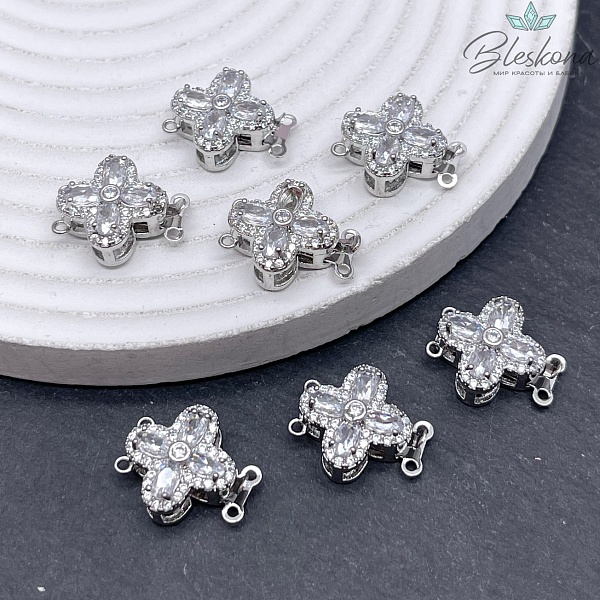 17*14,5мм Цвет серебро, Замок защелка клевер цирконы
