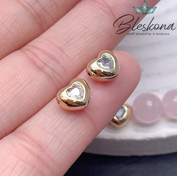 6,6*7,8 мм Цвет золото, Бусина Сердце циркон 