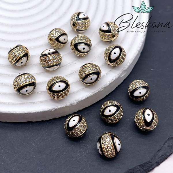 10,5 мм Цвет золото, Бусина с глазком черная эмаль