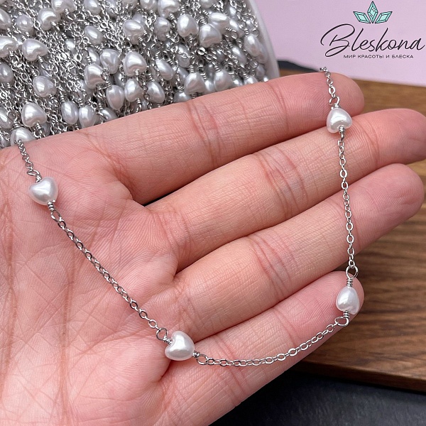 Цепь №268 цвет серебро, сердце  имитация жемчуга 6 мм