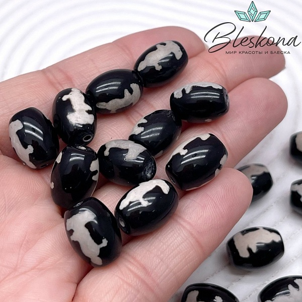 Бусина Дзи Гуань Инь черно-белый бочонок 10*14 мм