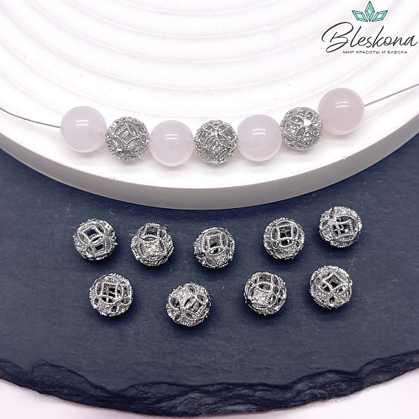 8 мм Цвет серебро, Бусина шар ромбики цирконы