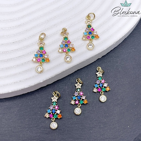 22*11 мм Цвет золото, Подвеска Елка разноцветные цирконы