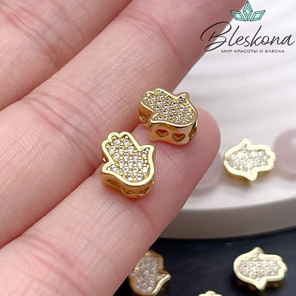9*8 мм Цвет золото, Бусина рука Фатимы цирконы