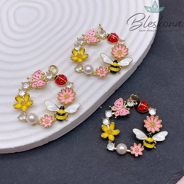 35 мм, Цвет золото, Подвеска Круг с насекомыми