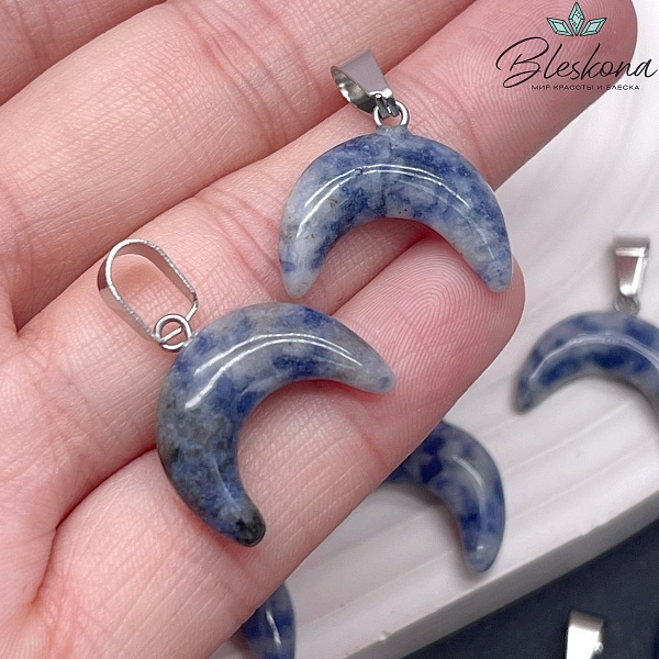 19*16,5 мм Цвет серебро, Подвеска лунница Яшма синяя пятнистая