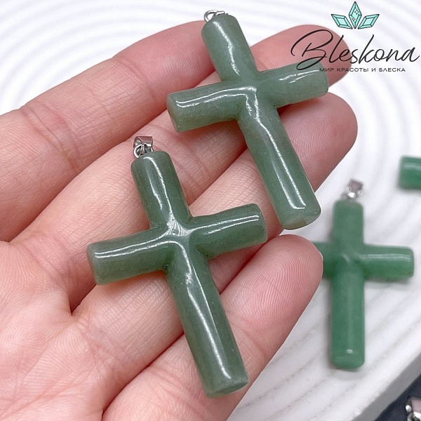 Подвеска крест Авантюрин зеленый, цвет серебро 43*29 мм