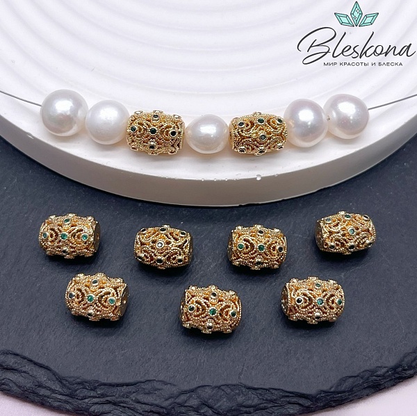 10,6*8,3 мм Цвет золото, Бусина цилиндр зеленые цирконы