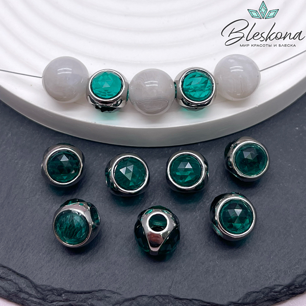 10 мм Цвет серебро, Бусина шар зеленое стекло