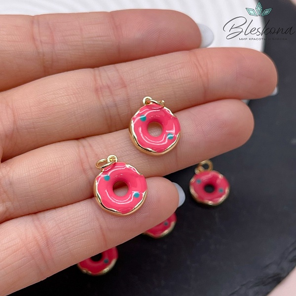 12,8 мм Цвет золото, Подвеска пончик розовая эмаль