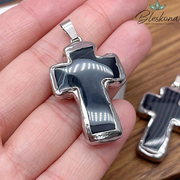 37*25 мм Цвет серебро, Подвеска крест Черный Агат с прожилками в обрамлении