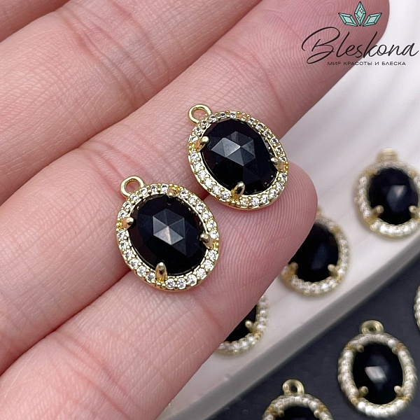 15*11 мм Цвет золото, Подвеска овал Черный агат в обрамлении цирконы