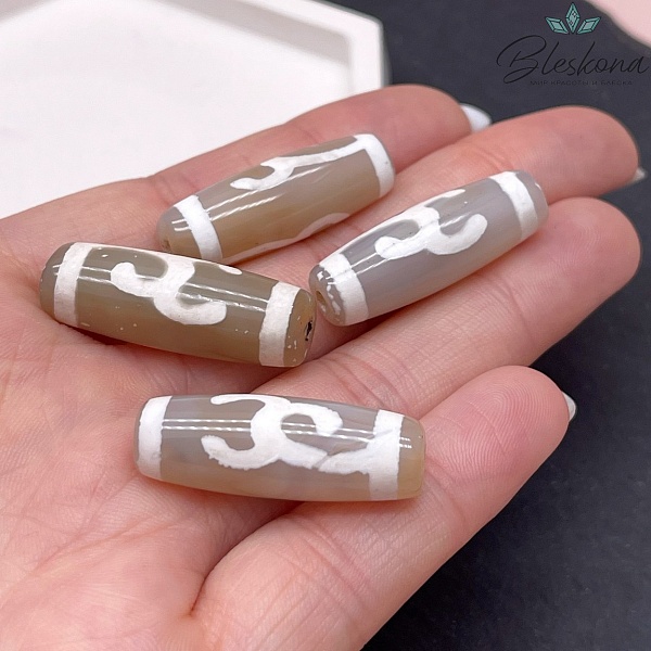 Бусина Дзи Зеленая тара серо-белый бочонок 30*11 мм