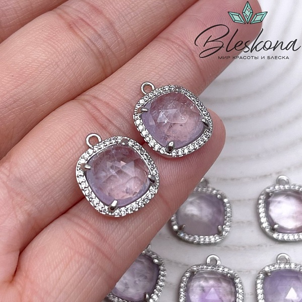 14мм, цвет серебро ,Подвеска квадрат Аметист Лавандовый в обрамлении цирконы