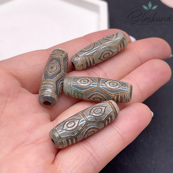 Бусина Дзи 6 глаз Феникса зелено-коричневый бочонок 30*11мм