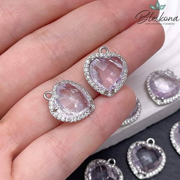 16*18мм ,цвет серебро, Подвеска Сердце в обрамлении Лавандовый Аметист огранка цирконы