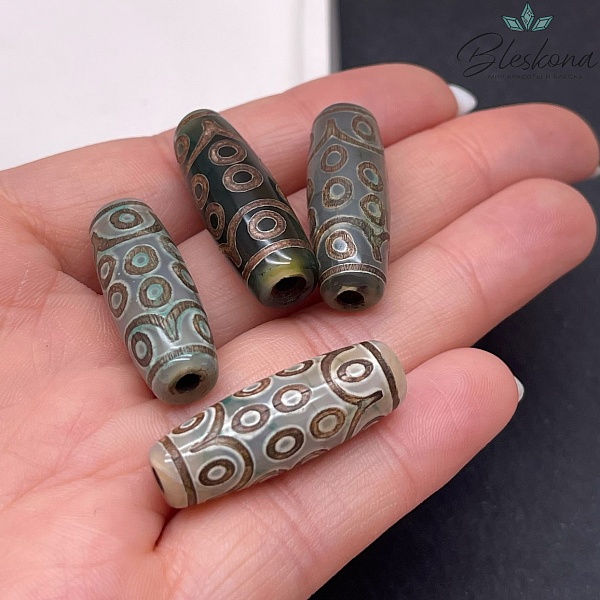 Бусина Дзи 18 глаз зелено-коричневый бочонок 30*11 мм