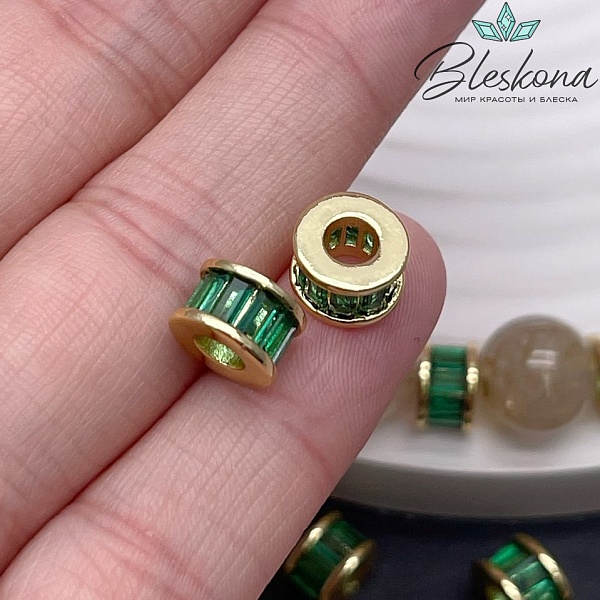 8*5 мм Цвет золото, Бусина - разделитель зеленый циркон