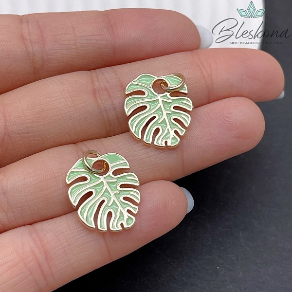 18*16 мм Цвет золото, Подвеска Монстера лист зеленая эмаль 