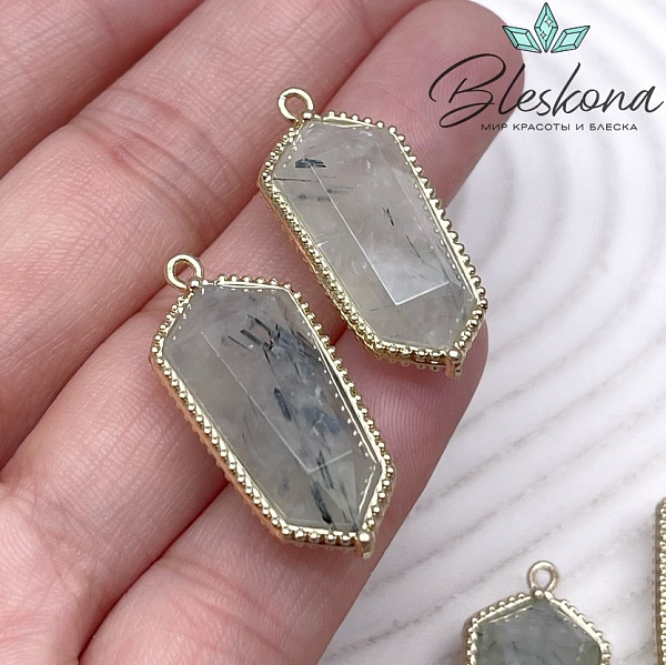 13,5*30мм, цвет золото ,Подвеска Шестиугольник Пренит в обрамлении цирконы