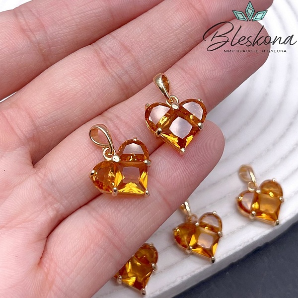 14,5*14 мм Цвет золото, Подвеска Сердце оранжевые цирконы 