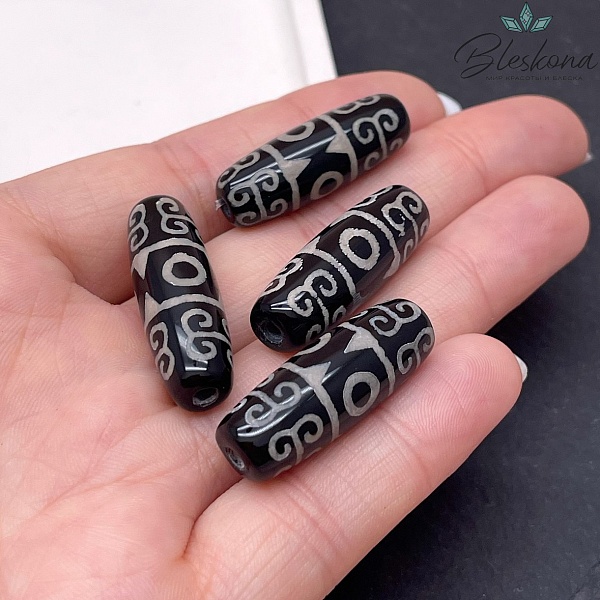 Бусина Дзи 3 глаза Вены Дракона бело-черный бочонок 30*11 мм