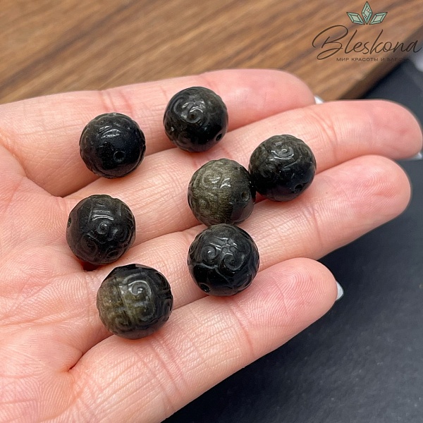 Резная бусина Узор Обсидиан золотистый шар 12 мм
