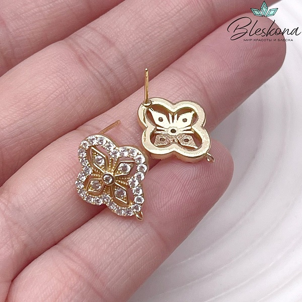 17*14 мм Цвет золото, Пусеты цветочек цирконы