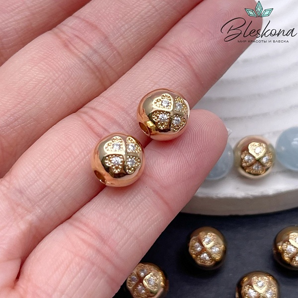 10 мм Цвет золото, Бусина шар клевер с цирконами