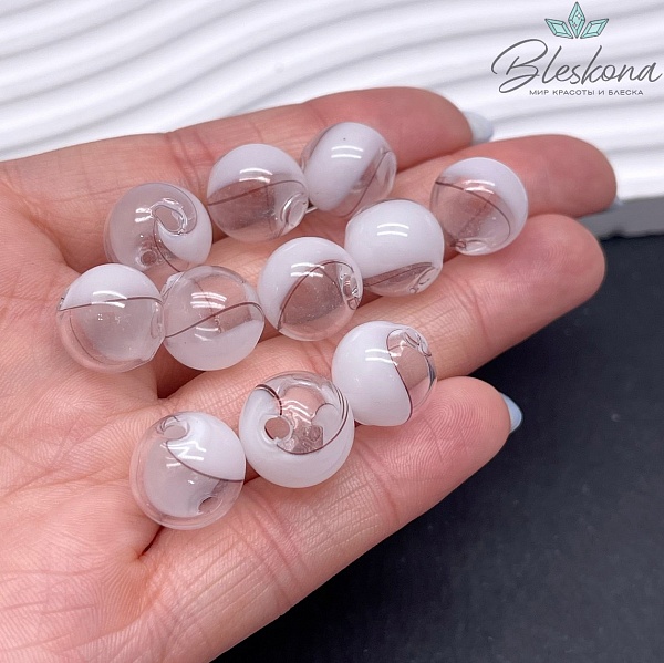 13 мм Бусина шар стекло прозрачно-белое коричневые полосы