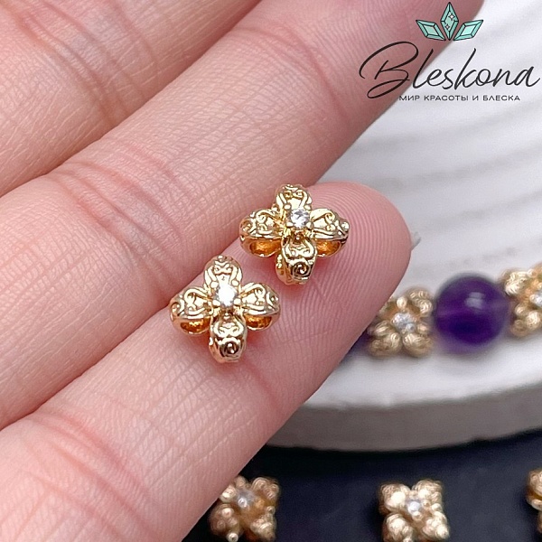 6,7мм Цвет золото,Бусина цветок циркон 