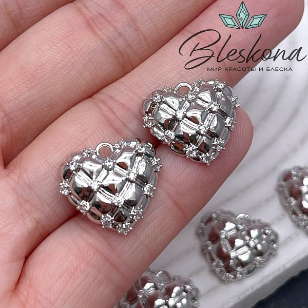 16*18 мм Цвет серебро, Подвеска сердце сетка с цирконами 