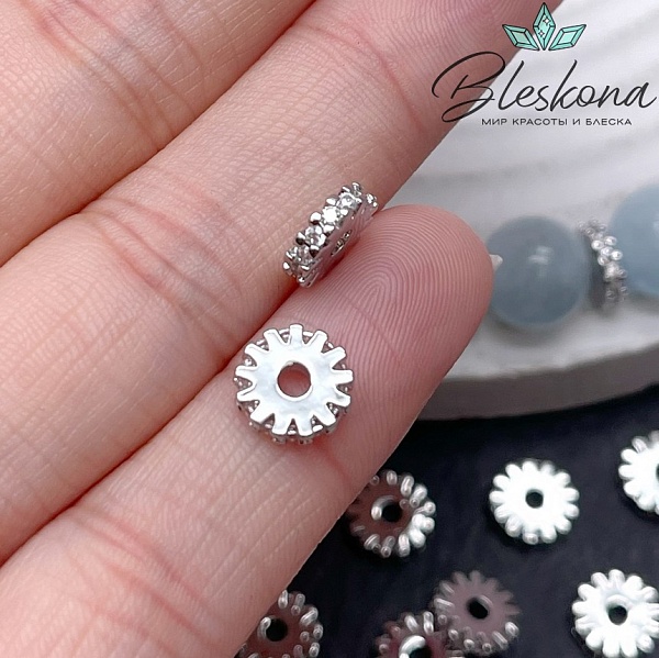 8*2 мм Цвет серебро, Бусина-разделитель с цирконами 