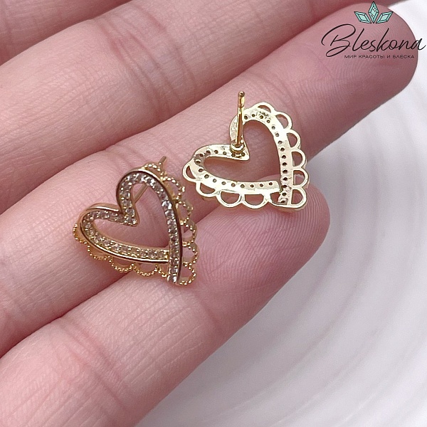 15*16 мм Цвет золото, Пусеты сердце цирконы