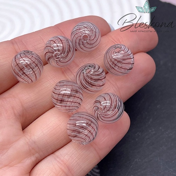 13 мм Бусина шар стекло прозрачное бело-коричневые полосы