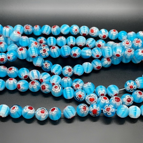 Муранское стекло синее цветы красные 8мм