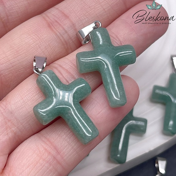 Подвеска крест Авантюрин зеленый, цвет серебро 28,5*18 мм