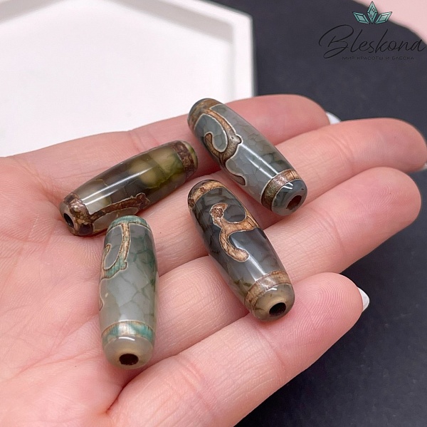 Бусина Дзи Зеленая тара зелено-коричневый бочонок 30*11 мм