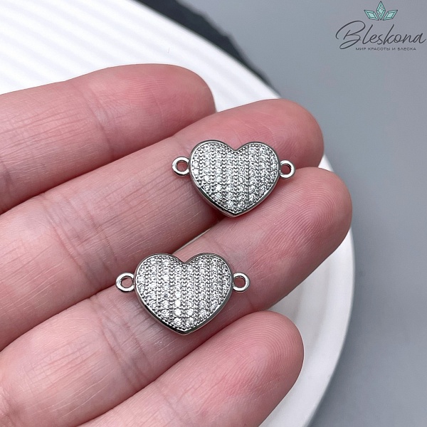 19*12 мм Цвет серебро, Коннектор сердце с цирконами