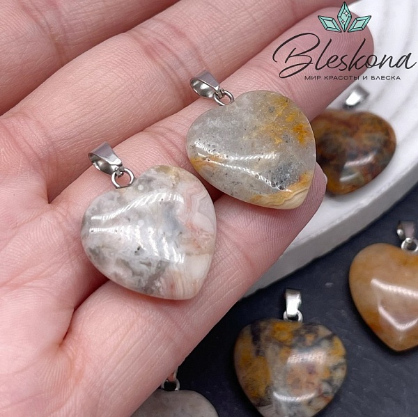 22*20 мм Цвет серебро, Подвеска Сердце Агат кружевной