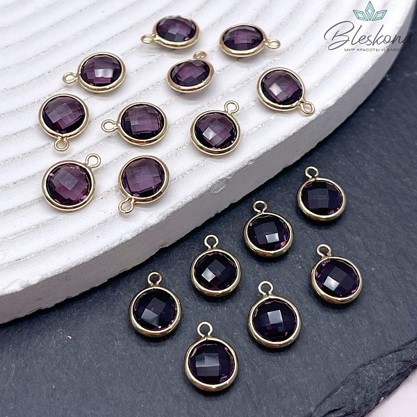 9 мм, Подвеска круг фиолетовый , цвет золото