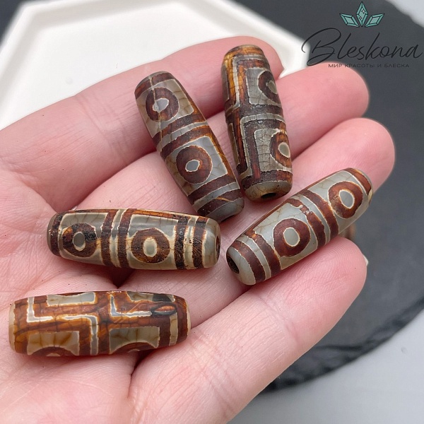 Бусина Дзи 4 глаза серо-коричневый бочонок 30*11 мм