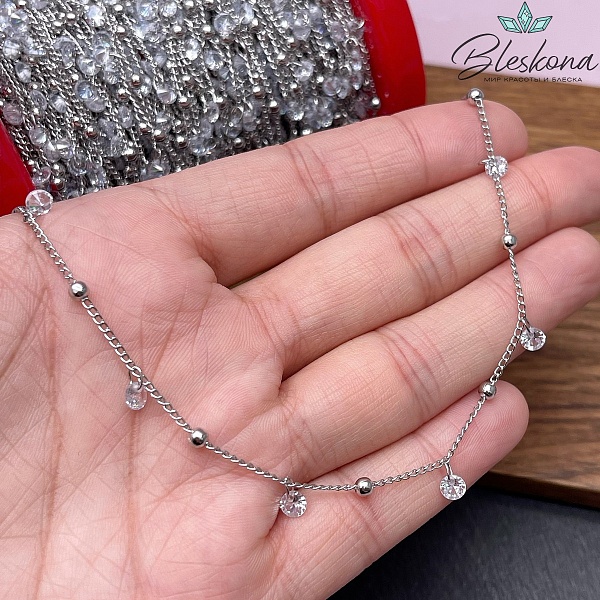 Цепь №205 цвет серебро 2*1 мм шарик/циркон