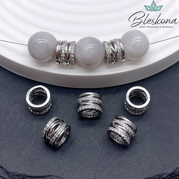 7*9,5 мм, Цвет серебро, Бусина цилиндр цирконы