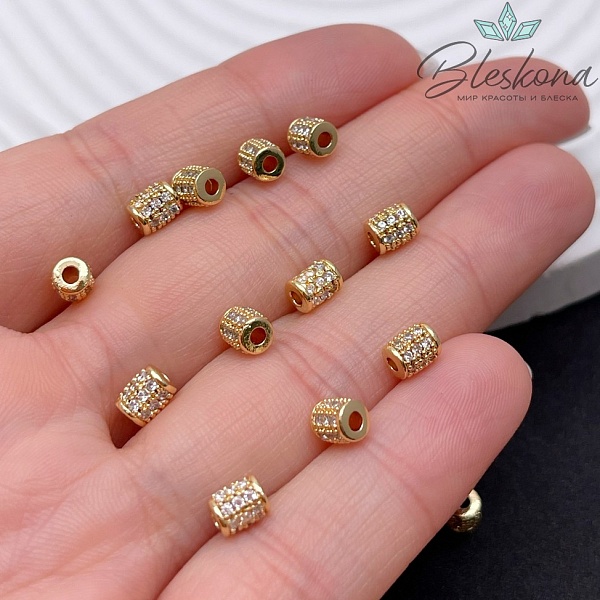 4,5 мм Цвет золото, Бусина цилиндр стразы 3 ряда