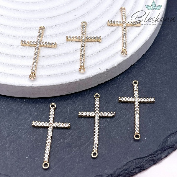 Коннектор Крест цирконы, цвет золото 16*29 мм