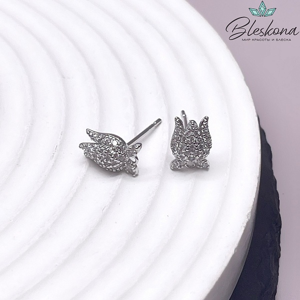 9*6,4 мм Цвет серебро, Пусеты тюльпан цирконы Этно