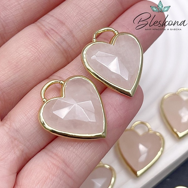 23,5*19 мм, Цвет золото, Подвеска Сердце Розовый кварц огранка