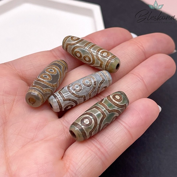 Бусина Дзи 8 глаз зелено-коричневый бочонок №1 30*11 мм